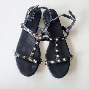 Vaneli Black Leather Gold Studded Strappy Slingback Gladiator Sandals Size 7